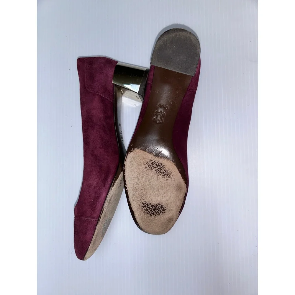 Tory Burch Gigi Burgundy Suede Gold Block Heel Round Toe Pumps Shoes Womens 9.5M
